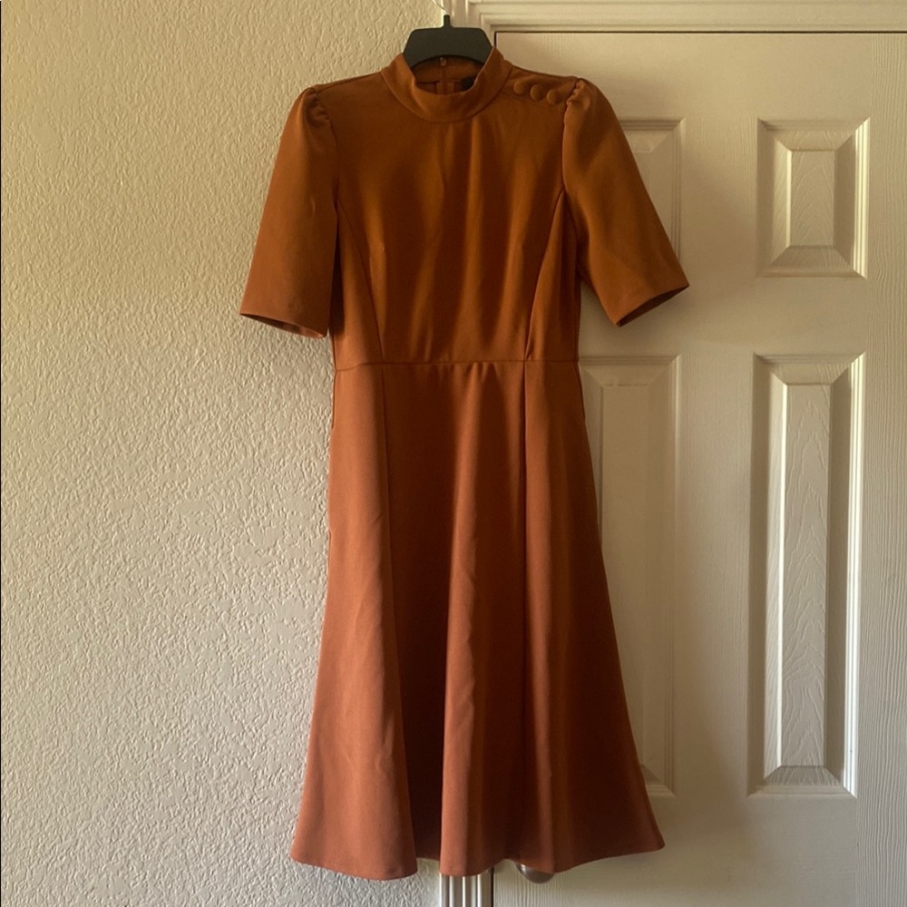 Brown and Orange A-Line Midi Dress with Mock Neck